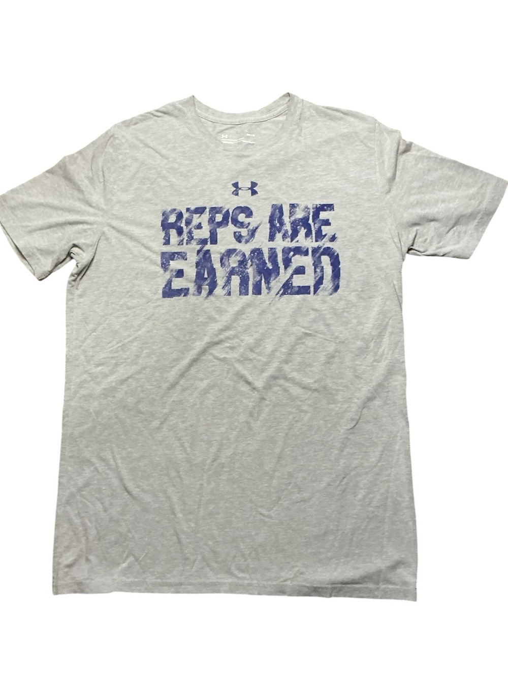Under Armour Light Gray Short Sleeve Tee with Blue 'Reps Are Earned' Graphic